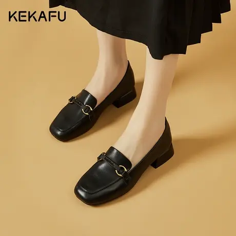 珂卡芙百搭英伦风小皮鞋女春秋2023年新款方头黑色皮鞋低跟乐福鞋图片