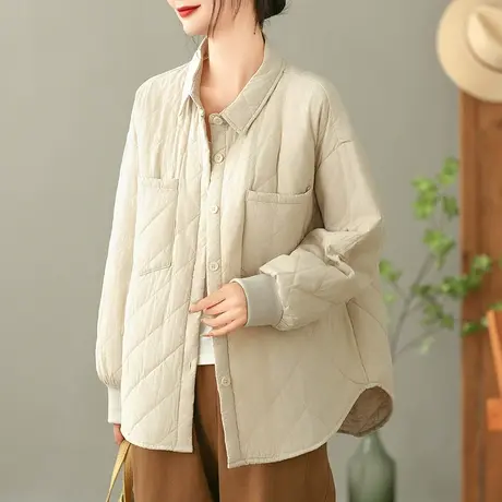 dza 复古短款翻领菱格棉服外套女士冬季新款宽松休闲棉袄口袋棉衣图片