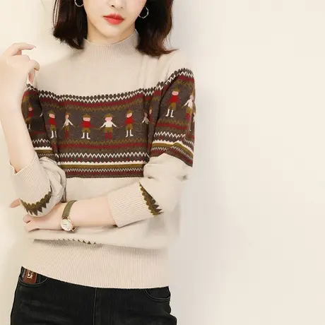 新品8.5折】复古提花半高领毛衣女士长袖加厚打底针织衫图片