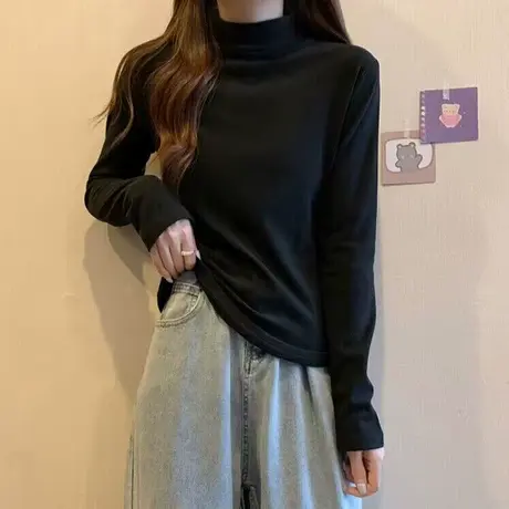 法式半高领纯色上衣女秋冬加绒加厚修身长袖T恤  内搭保暖打底衫商品大图
