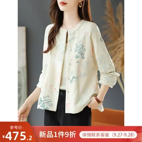 宝诗黎圆领刺绣宽松短外套女早秋薄款单排扣开衫2023新款外搭上衣商品大图