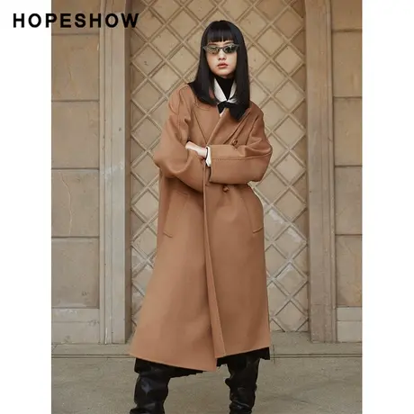 红袖outlets侧开叉双面呢大衣hopeshow2023冬款驼色大气温柔外套商品大图