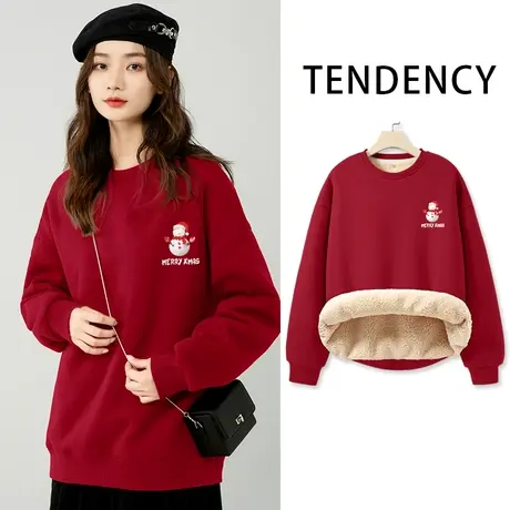 真维斯LIFE红色加绒卫衣女2023新款爆款秋冬加厚设计感本命年衣服图片