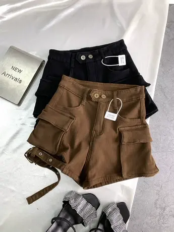 侧边绑带加绒牛仔短裤女2023冬季新款显瘦百搭加厚口袋弹力阔腿裤商品大图