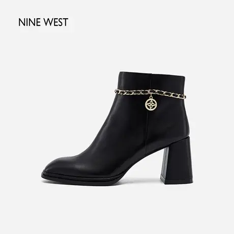 Nine West/玖熙粗跟方头链条99饰扣瘦瘦靴2023冬新款气质通勤短靴商品大图