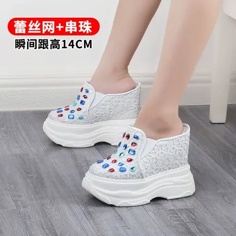 小个子包头半拖鞋女2023年新款秋季厚底重工串珠蕾丝内增高凉拖鞋商品大图