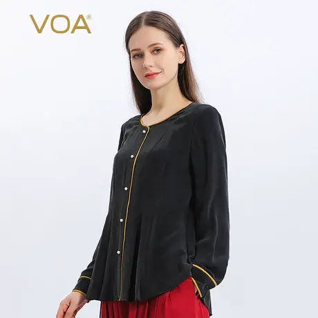 VOA30姆米重磅真丝圆领衬衫长袖明线装饰单排下摆褶皱桑蚕丝T恤商品大图