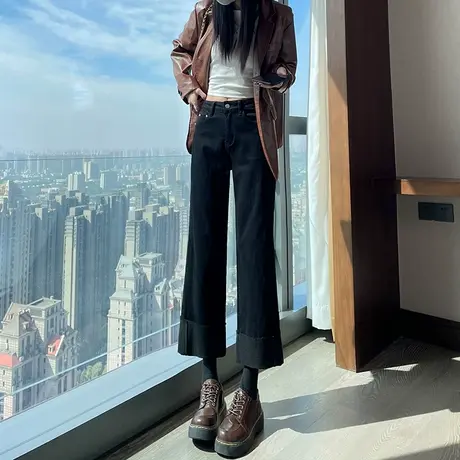 加绒牛仔裤女直筒宽松秋冬季高腰黑色显瘦九分翻边烟管阔腿裤子商品大图