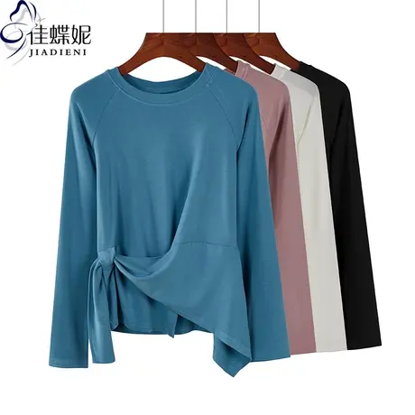 春秋新款韩版圆领纯棉宽松纯色休闲不规则两穿长袖体恤上衣女装商品大图