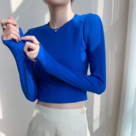 圆领黑色打底衫2023春季女装韩版显瘦露脐小心机短款百搭长袖T恤商品大图