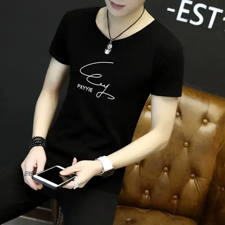 2025夏季男士短袖t恤V领半袖潮男韩版修身潮牌衣服潮流体恤衫商品大图