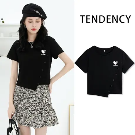 ZR真维斯黑色短袖t恤女修身2023夏季新款 不规则斜扣短款上衣圆领商品大图