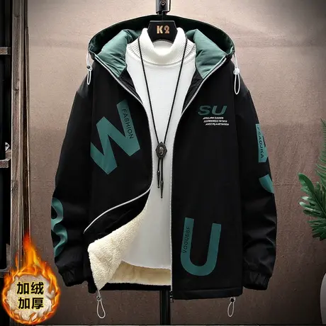 秋冬装外套男加绒加厚春秋韩版潮流连帽帅气夹克男士2023新款褂子商品大图
