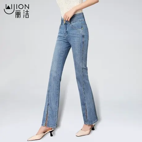 丽洁女裤夏新款高腰微喇牛仔裤女高级修身复古浅色开叉弹力拖地裤商品大图