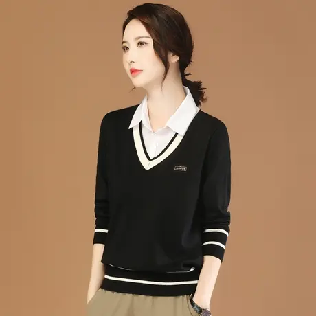 韩潮袭人假两件POLO领条纹针织衫女2024春装休闲长袖打底毛衣上衣图片