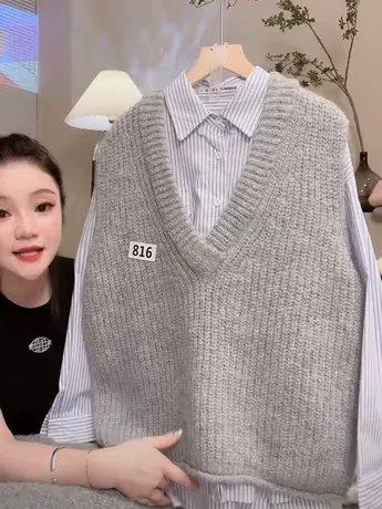 慵懒风宽松毛衣马甲2023秋装新款韩款时尚V林高级感无袖针织上衣图片