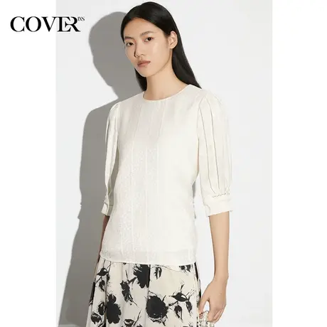 COVER春季提花格纹泡泡袖冰丝衬衫商品大图
