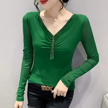 性感V领钉珠上衣小衫女春秋2024新款加绒打底衫气质网纱T恤长袖潮商品大图