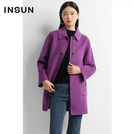 INSUN恩裳线上专选冬季羊毛贴袋皮袢点缀毛呢外套图片