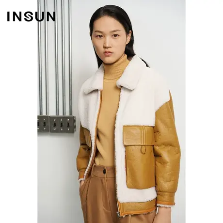 INSUN恩裳冬季贴袋羊毛革皮草外套商品大图