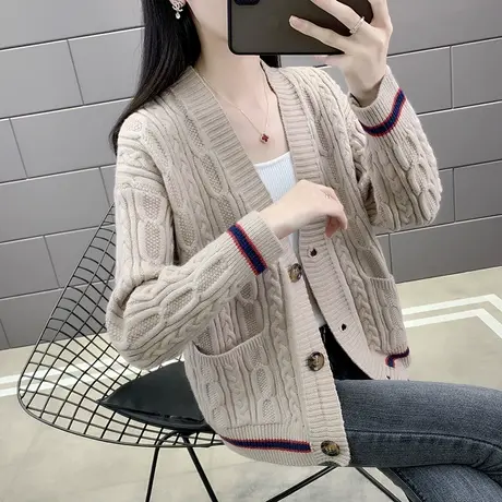 针织开衫女外搭2023年新款春秋宽松百搭短款厚款v领毛衣外套洋气商品大图