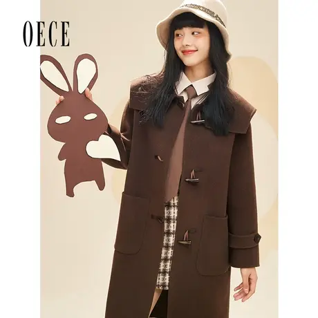 【买1送1】Oece双面呢大衣冬新款复古学院中长毛呢外套女羊毛大衣图片