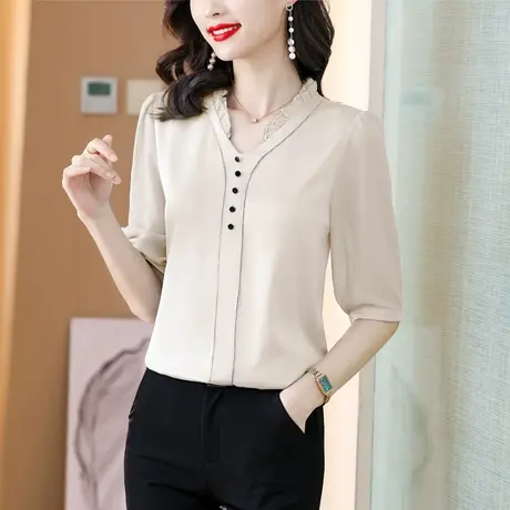 2023年新款夏季短袖衬衫女时尚洋气轻奢设计感小众别致漂亮上衣女商品大图