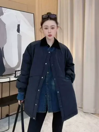 韩版轻薄圆领棉服外套女2023年秋冬新款日系宽松休闲中长款棉衣潮商品大图