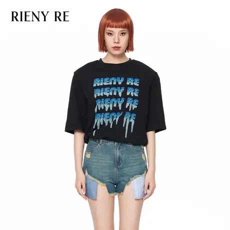 RIENYRE短袖T恤女薄款2023夏季新款oversize纯棉美式复古印花上衣图片