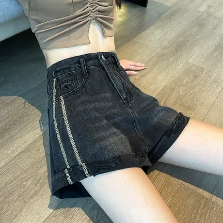 黑色牛仔短裤女2023年夏季新款高腰A字宽松显瘦遮肉卷边阔腿热裤商品大图