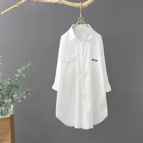 春装2023新品中长款纯棉白衬衫女宽松百搭刺绣毛边衬衣打底衫上衣图片