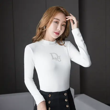 欧货烫钻半高领打底衫女秋冬2022新款黑色紧身长袖时尚百搭上衣图片