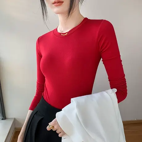纯色圆领长袖T恤女2025春秋收腰显瘦正肩百搭西装内搭打底衫薄款图片