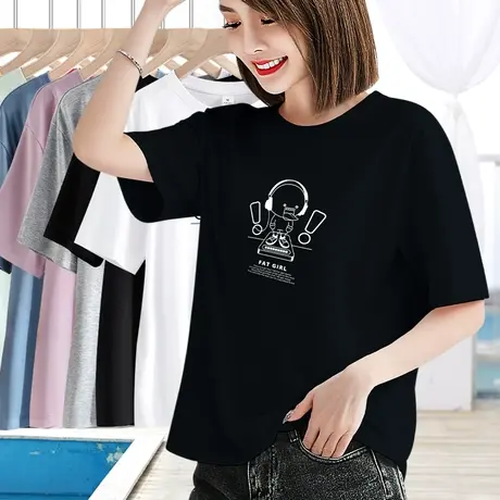 黑色印花短袖t恤女纯棉2024年新款宽松显瘦圆领ins潮内搭打底上衣图片