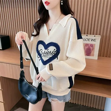 早秋装polo领卫衣女春秋季韩版宽松薄款小个子V领华夫格上衣外套图片
