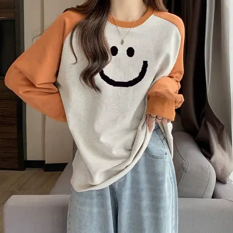 oversize插肩袖卫衣女春秋冬装加绒加厚宽松撞色长袖T恤上衣服潮商品大图