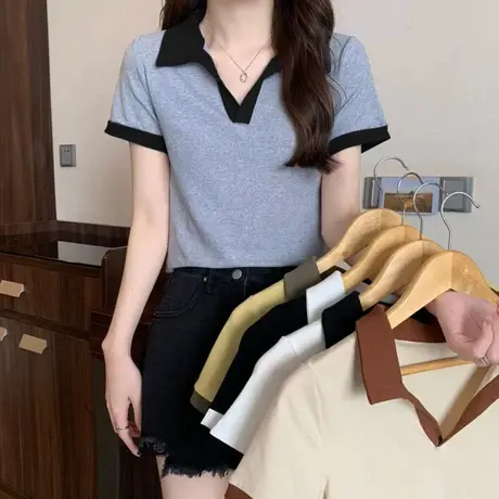 灰色POLO领辣妹短袖T恤女夏季小众设计感不规则短款独特别致上衣商品大图