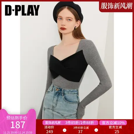 DPLAY秋装新款时尚立体撞色蝴蝶结装饰修身时尚灰色针织衫商品大图