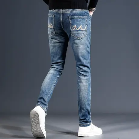 高端经典蓝色牛仔裤男2023新款秋冬款修身小脚弹力休闲男士裤子商品大图