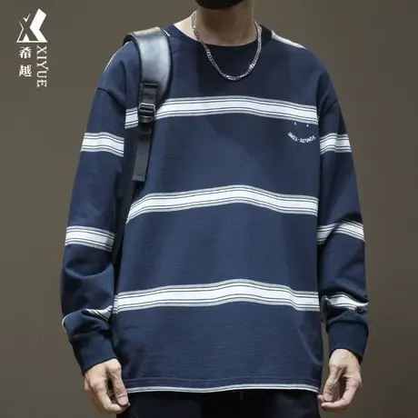 条纹长袖T恤男士卫衣青年2025春夏季新款大码衣服休闲男装上衣潮商品大图