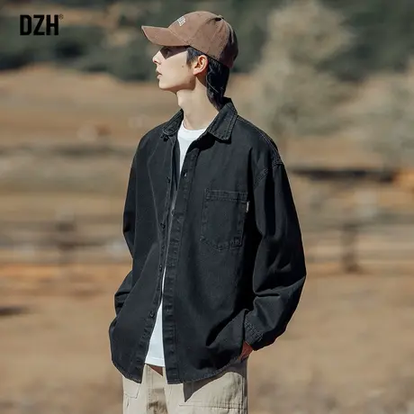 男士黑色牛仔衬衫男高级感长袖秋季衬衣外套2024新款百搭休闲上衣商品大图