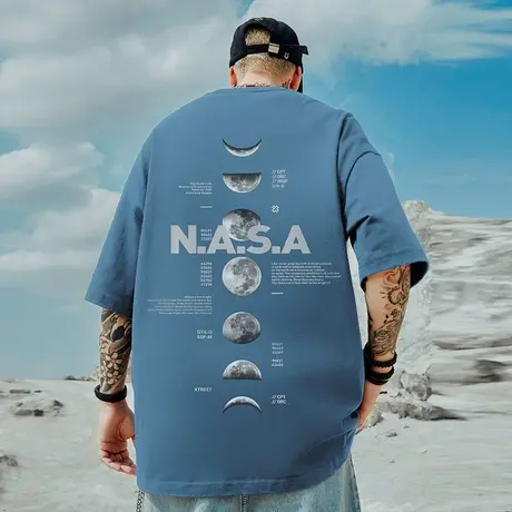 oversize美式潮牌胖子男装大码宽松NASA联名短袖T恤宇航员半袖夏商品大图