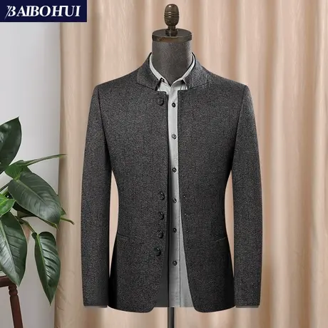 秋季新款青年中山装男修身时尚立领民族呢子休闲西装外套男士上衣图片