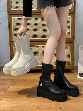 韩版增高厚底马丁靴女款夏款2023新款百搭英伦风弹力瘦瘦靴小短靴商品大图