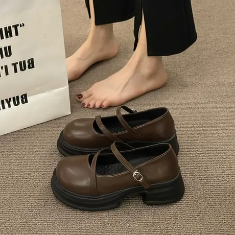 jk百搭棕色圆头厚底小皮鞋女2023新款夏季复古英伦风日系玛丽珍单商品大图