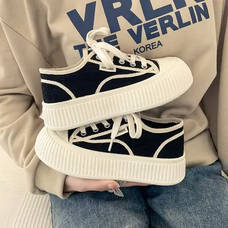 厚底帆布板鞋女设计感小众原创2023春秋季新款百搭港风饼干小白鞋商品大图