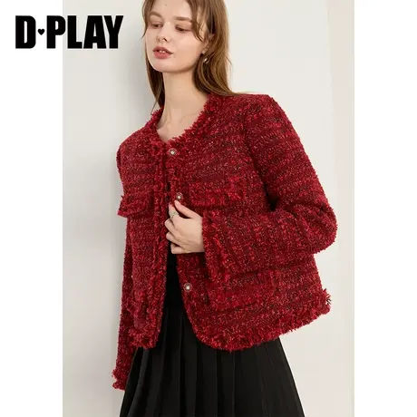 DPLAY冬款红色小香风外套羊毛混纺羽绒内里上衣红色外套羽绒服图片