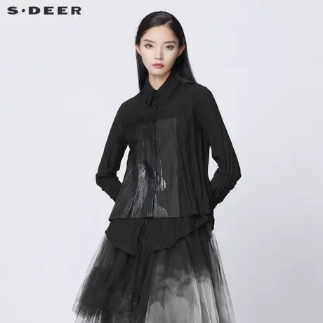 sdeer圣迪奥女装春秋装翻领褶皱拼接不规则长袖黑衬衫S21380520图片