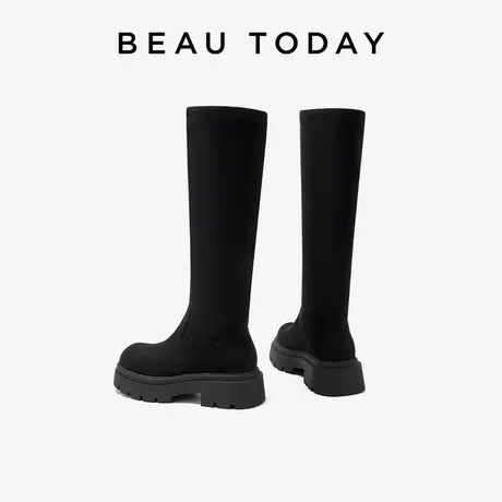 BeauToday长筒靴女2023新款BT厚底长靴女秋冬真皮骑士靴女小个子图片