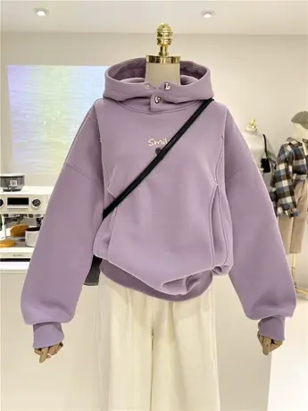 秋冬百搭加绒加厚百搭抽绳纯色保暖韩版连帽卫衣女遮臀帽衫外套商品大图